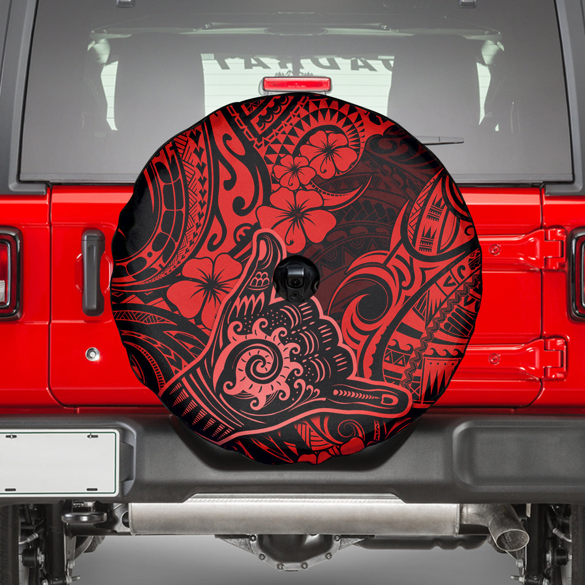 Hawaii Shaka Sign Spare Tire Cover Polynesian Pattern Red Version - Wonder Print Shop