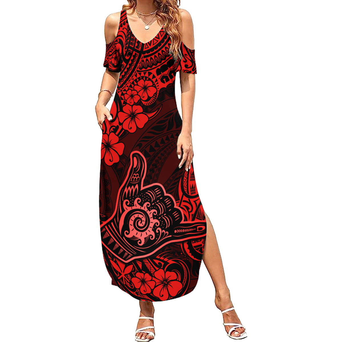 Hawaii Shaka Sign Summer Maxi Dress Polynesian Pattern Red Version - Wonder Print Shop