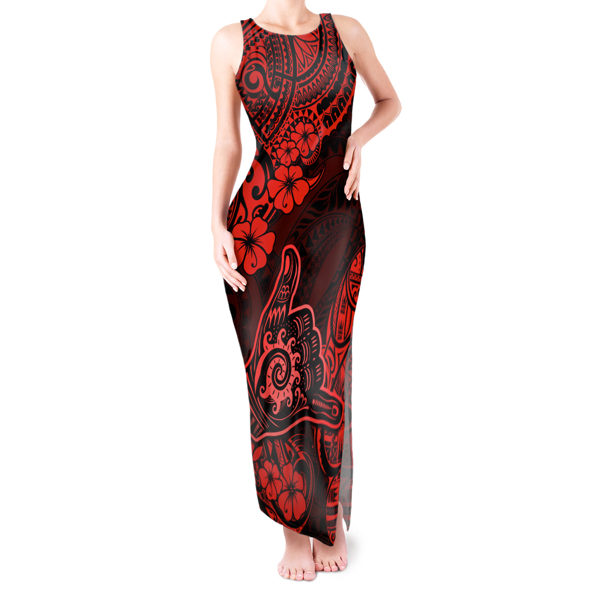 Hawaii Shaka Sign Tank Maxi Dress Polynesian Pattern Red Version - Wonder Print Shop