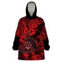 Hawaii Shaka Sign Wearable Blanket Hoodie Polynesian Pattern Red Version - Wonder Print Shop