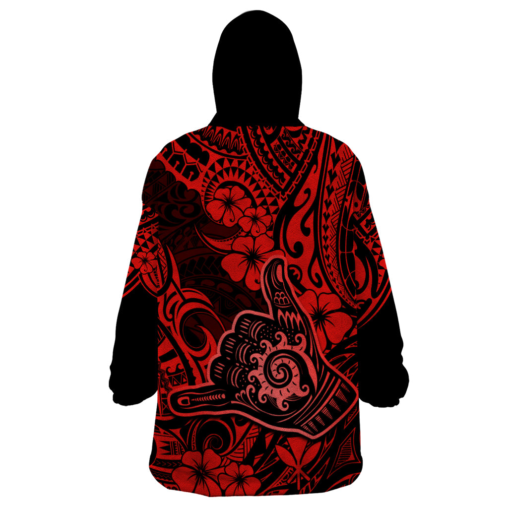 Hawaii Shaka Sign Wearable Blanket Hoodie Polynesian Pattern Red Version - Wonder Print Shop
