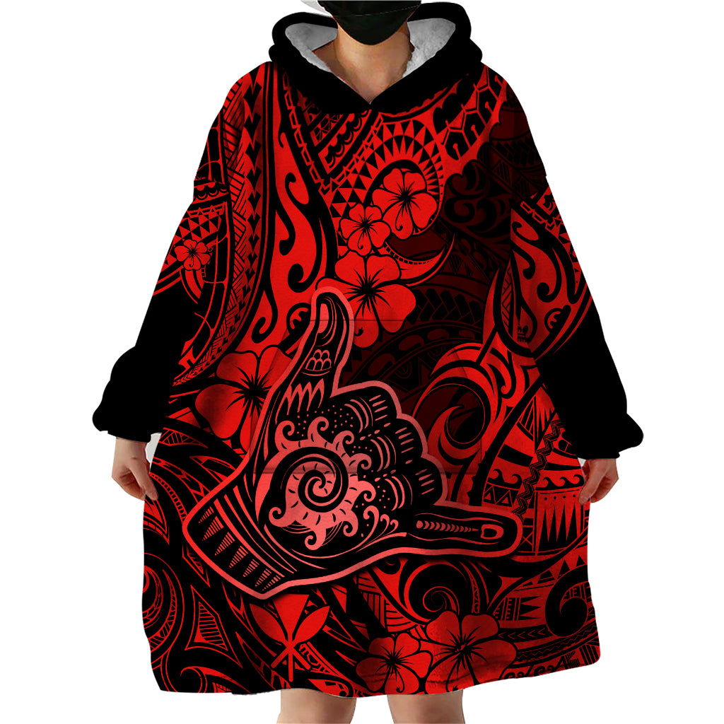 Hawaii Shaka Sign Wearable Blanket Hoodie Polynesian Pattern Red Version - Wonder Print Shop