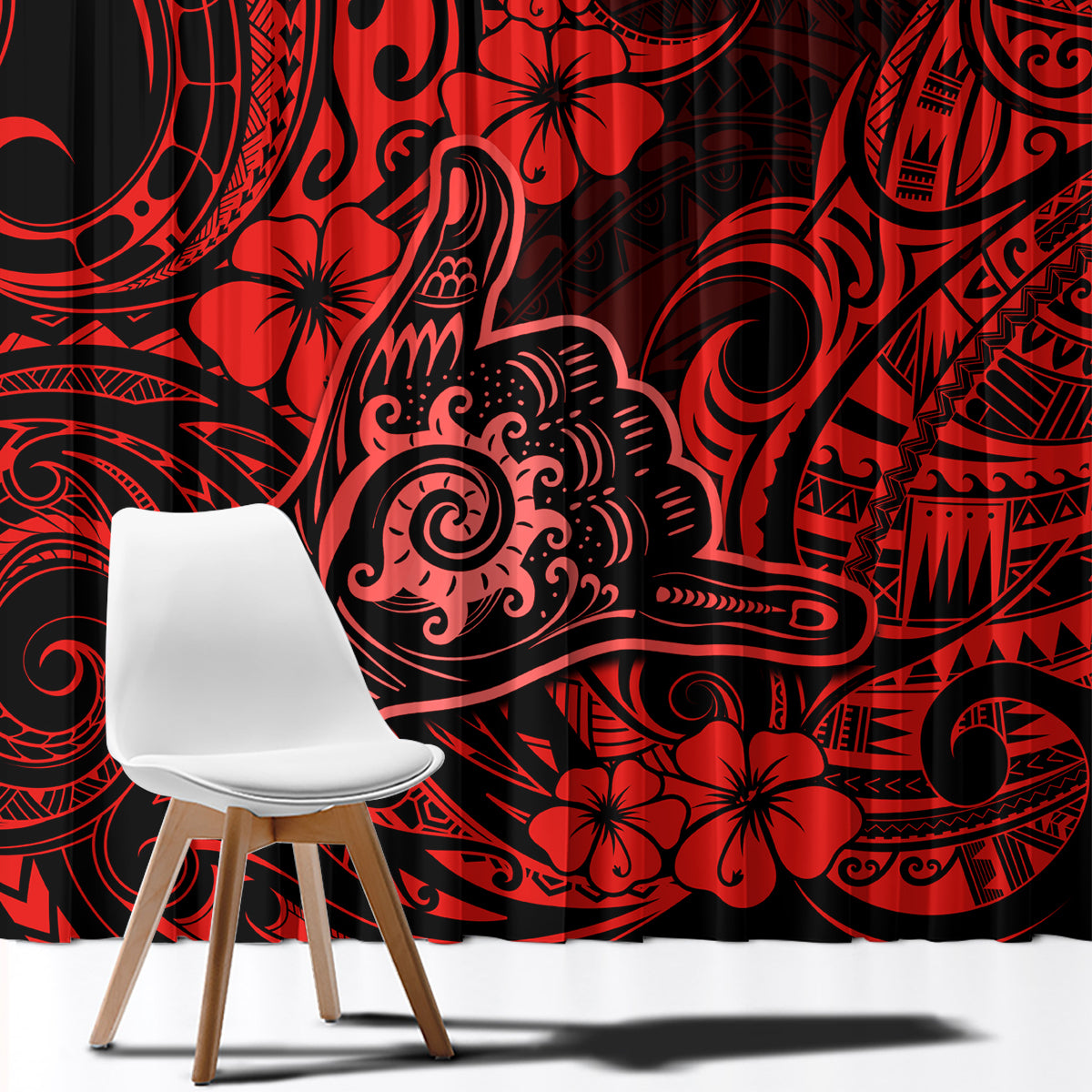 Hawaii Shaka Sign Window Curtain Polynesian Pattern Red Version - Wonder Print Shop
