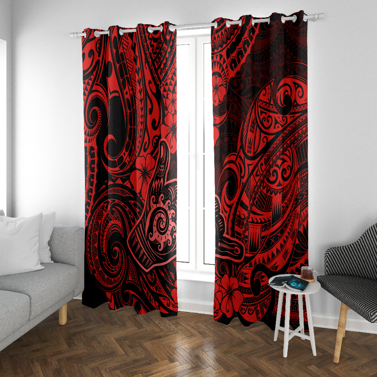 Hawaii Shaka Sign Window Curtain Polynesian Pattern Red Version - Wonder Print Shop