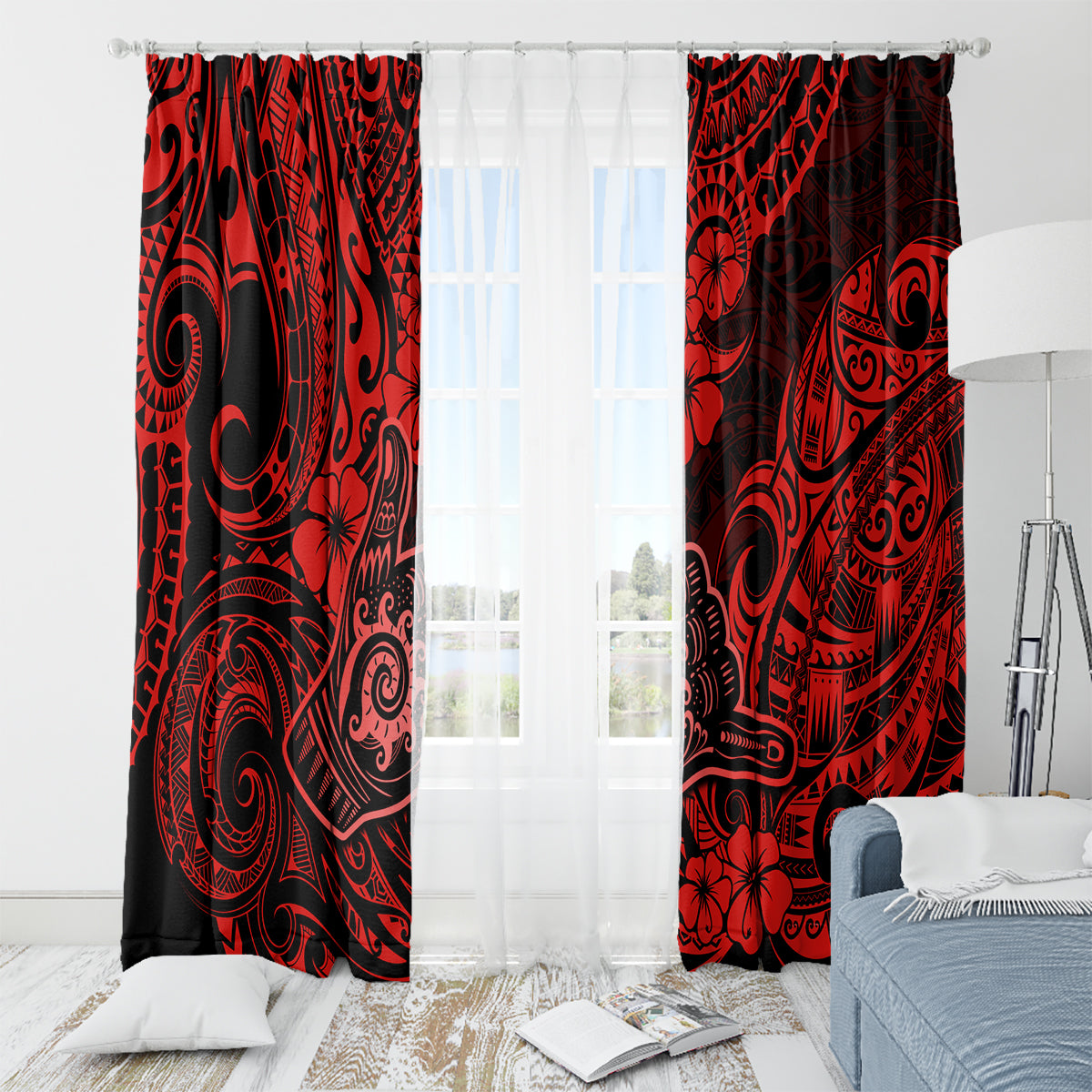 Hawaii Shaka Sign Window Curtain Polynesian Pattern Red Version - Wonder Print Shop