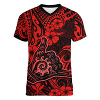 Hawaii Shaka Sign Women V Neck T Shirt Polynesian Pattern Red Version - Wonder Print Shop