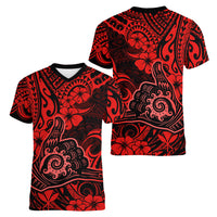 Hawaii Shaka Sign Women V Neck T Shirt Polynesian Pattern Red Version - Wonder Print Shop