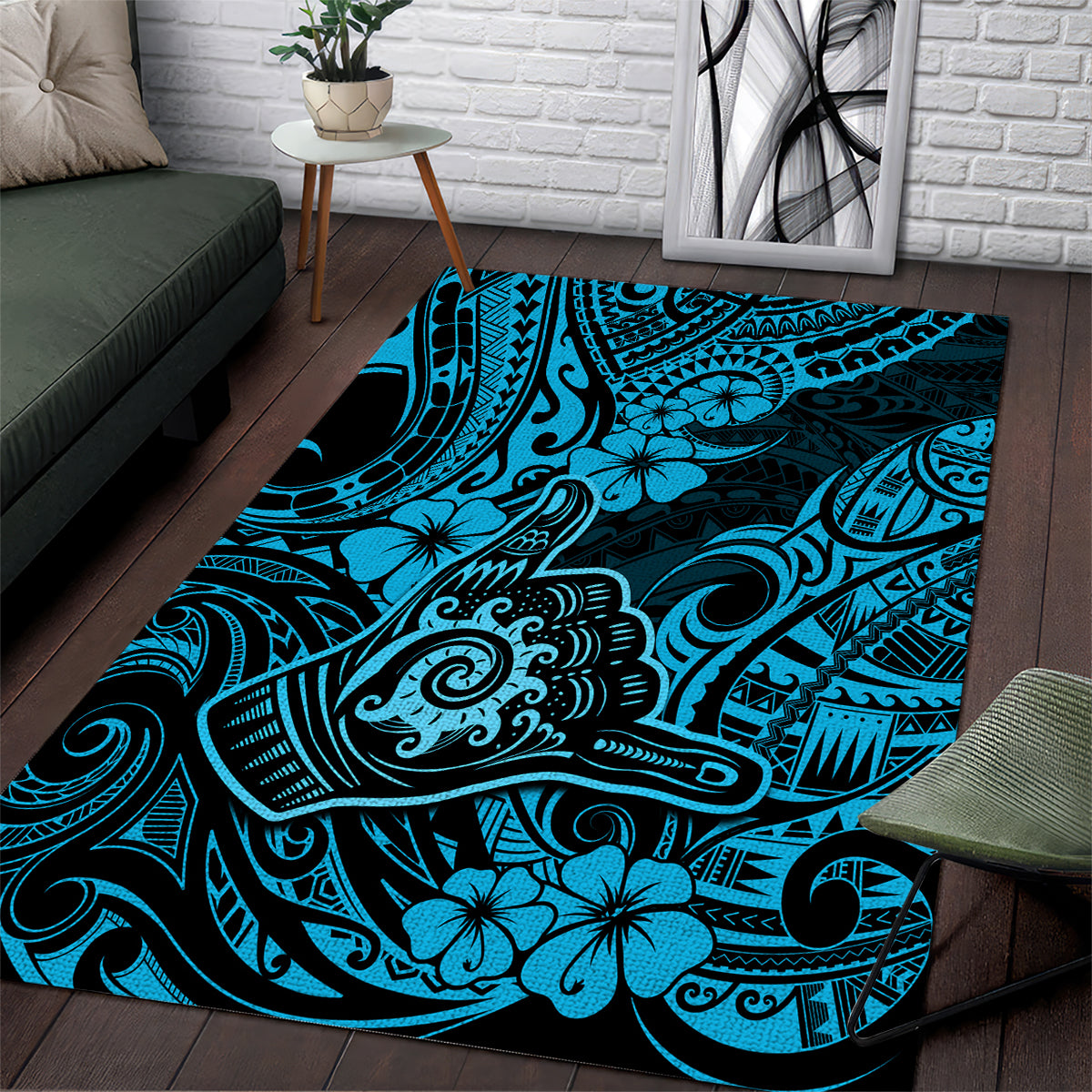 Hawaii Shaka Sign Area Rug Polynesian Pattern Sky Blue Version - Wonder Print Shop