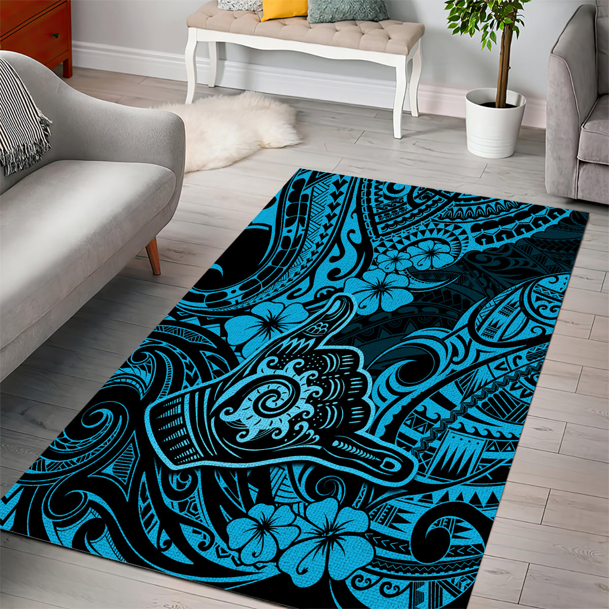 Hawaii Shaka Sign Area Rug Polynesian Pattern Sky Blue Version - Wonder Print Shop
