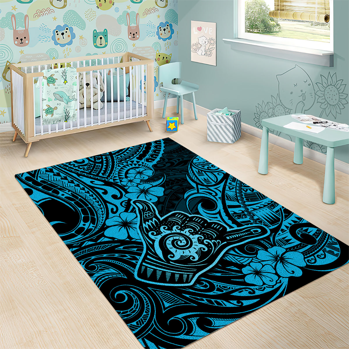 Hawaii Shaka Sign Area Rug Polynesian Pattern Sky Blue Version - Wonder Print Shop