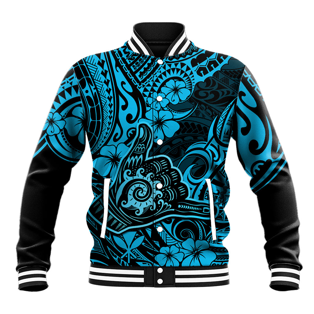 Hawaii Shaka Sign Baseball Jacket Polynesian Pattern Sky Blue Version - Wonder Print Shop