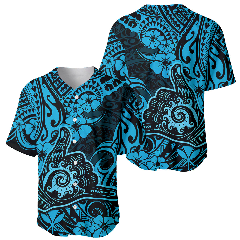 Hawaii Shaka Sign Baseball Jersey Polynesian Pattern Sky Blue Version - Wonder Print Shop