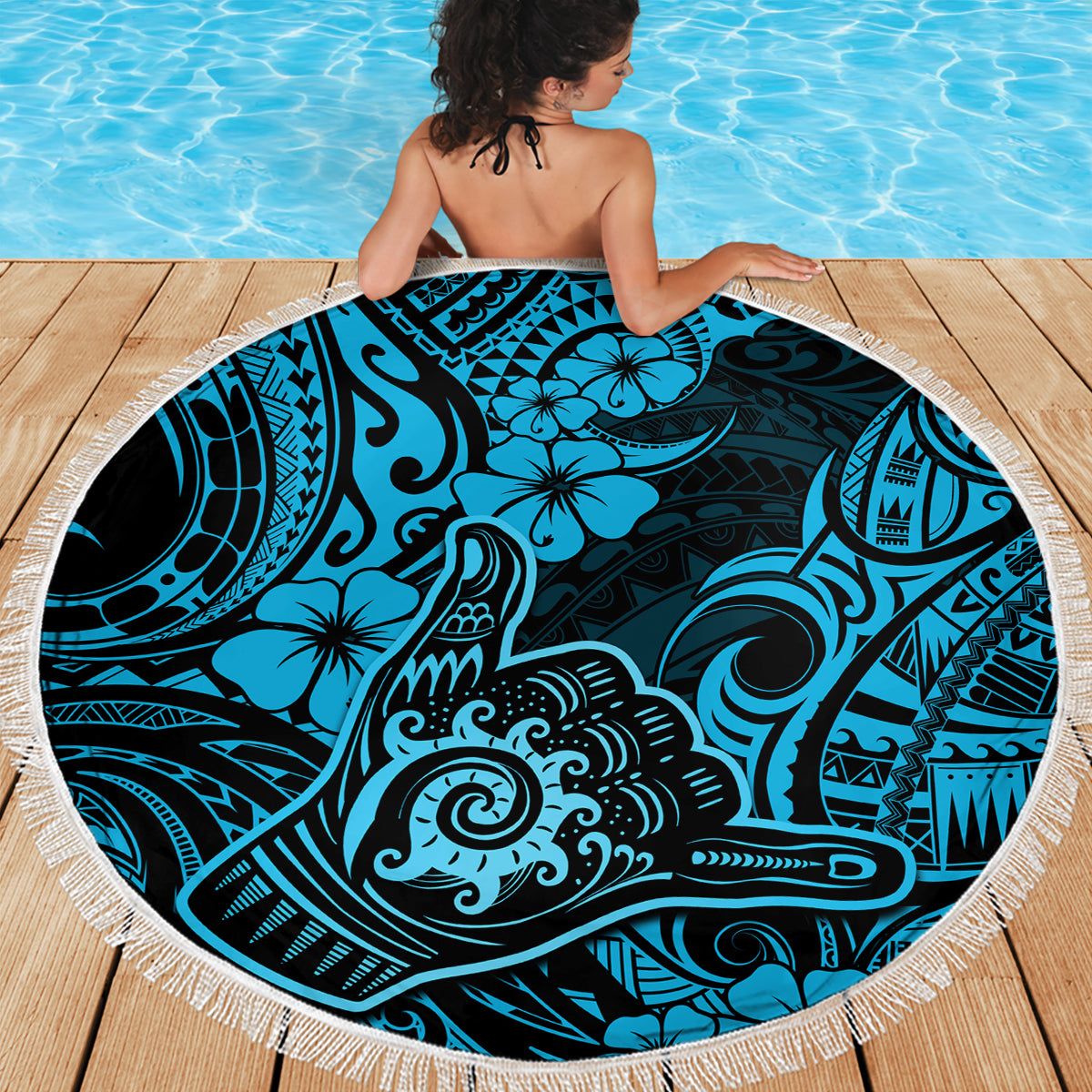Hawaii Shaka Sign Beach Blanket Polynesian Pattern Sky Blue Version - Wonder Print Shop
