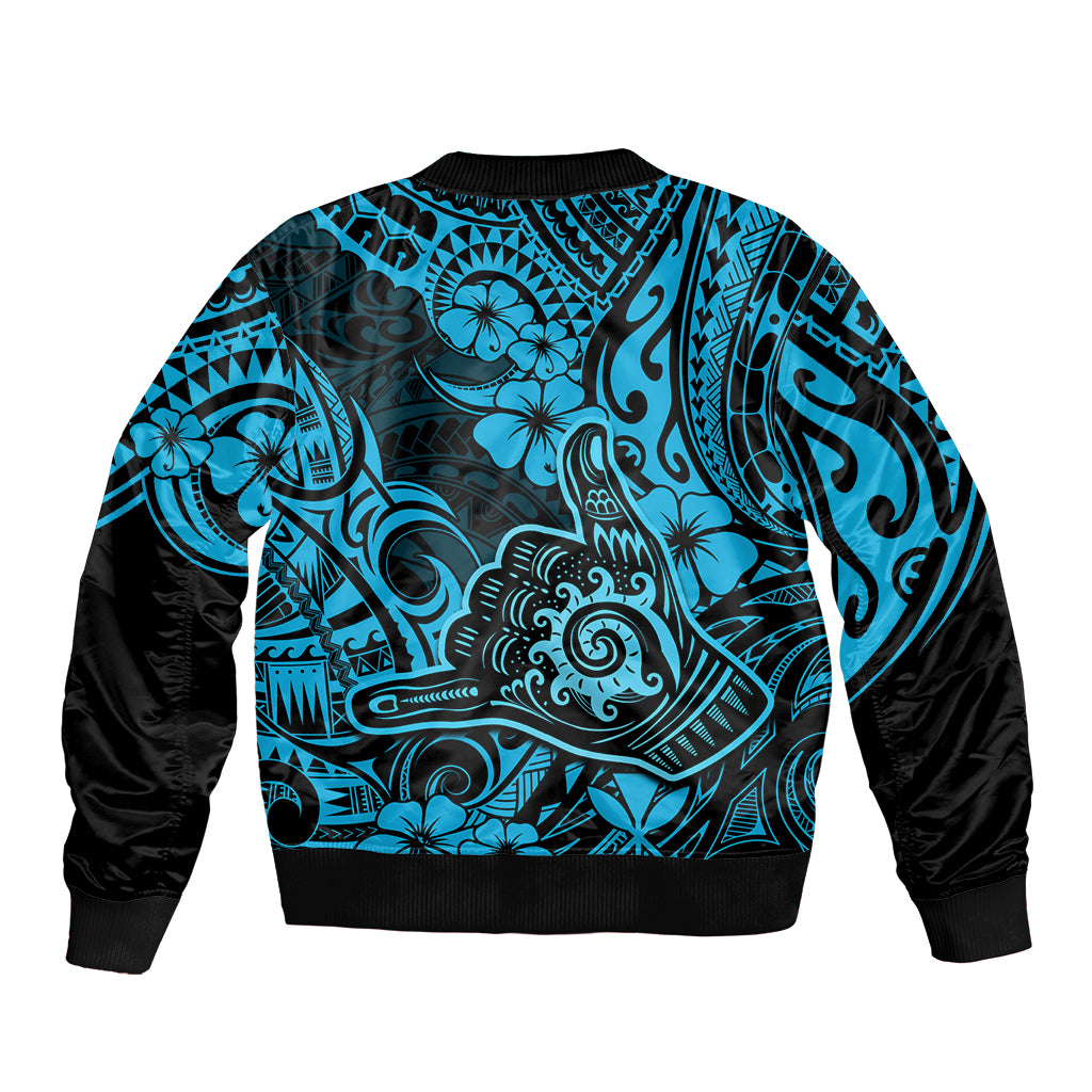 Hawaii Shaka Sign Bomber Jacket Polynesian Pattern Sky Blue Version - Wonder Print Shop