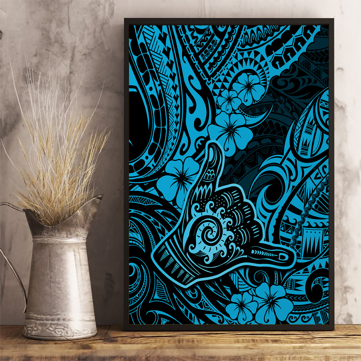 Hawaii Shaka Sign Canvas Wall Art Polynesian Pattern Sky Blue Version - Wonder Print Shop