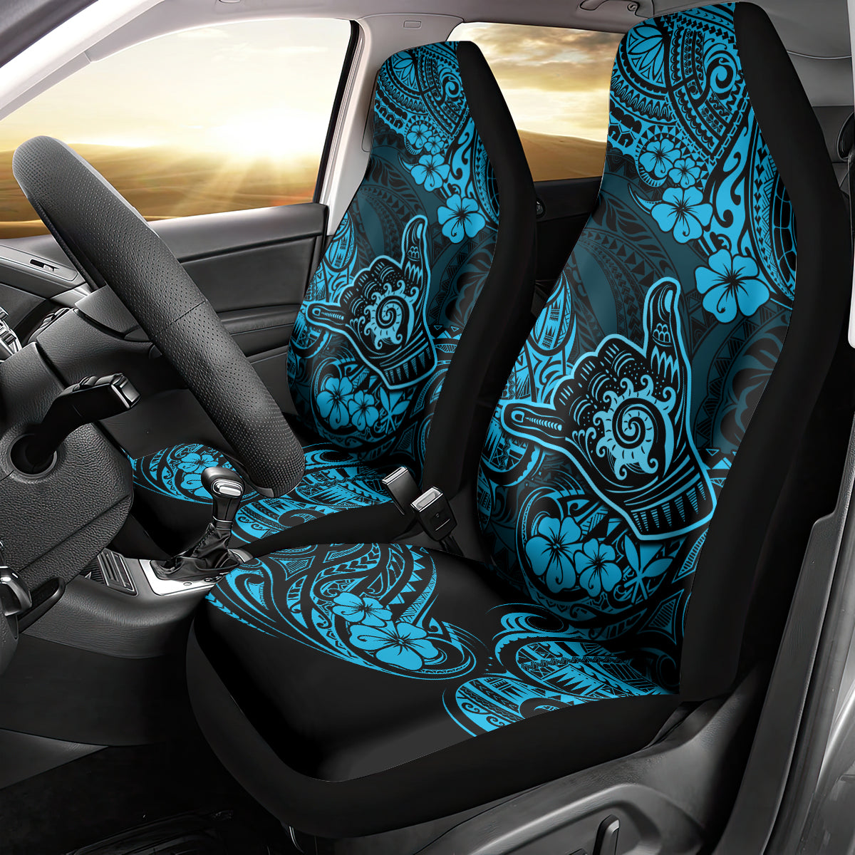 Hawaii Shaka Sign Car Seat Cover Polynesian Pattern Sky Blue Version - Wonder Print Shop