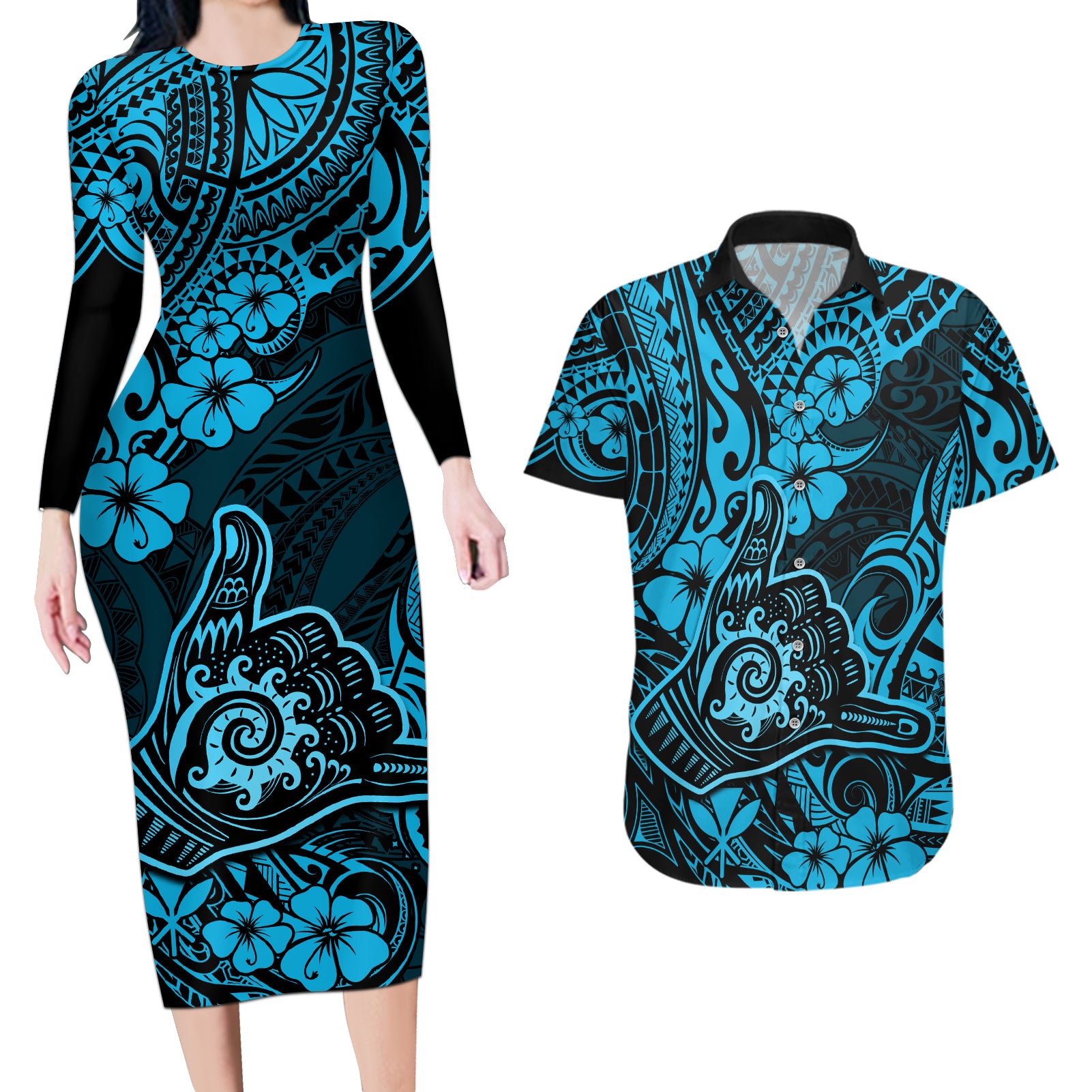 Hawaii Shaka Sign Couples Matching Long Sleeve Bodycon Dress and Hawaiian Shirt Polynesian Pattern Sky Blue Version - Wonder Print Shop