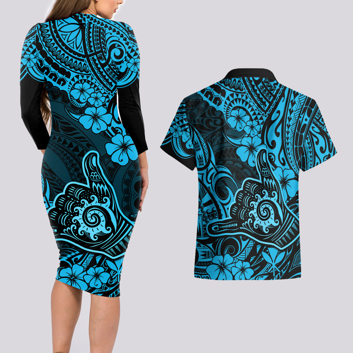 Hawaii Shaka Sign Couples Matching Long Sleeve Bodycon Dress and Hawaiian Shirt Polynesian Pattern Sky Blue Version - Wonder Print Shop