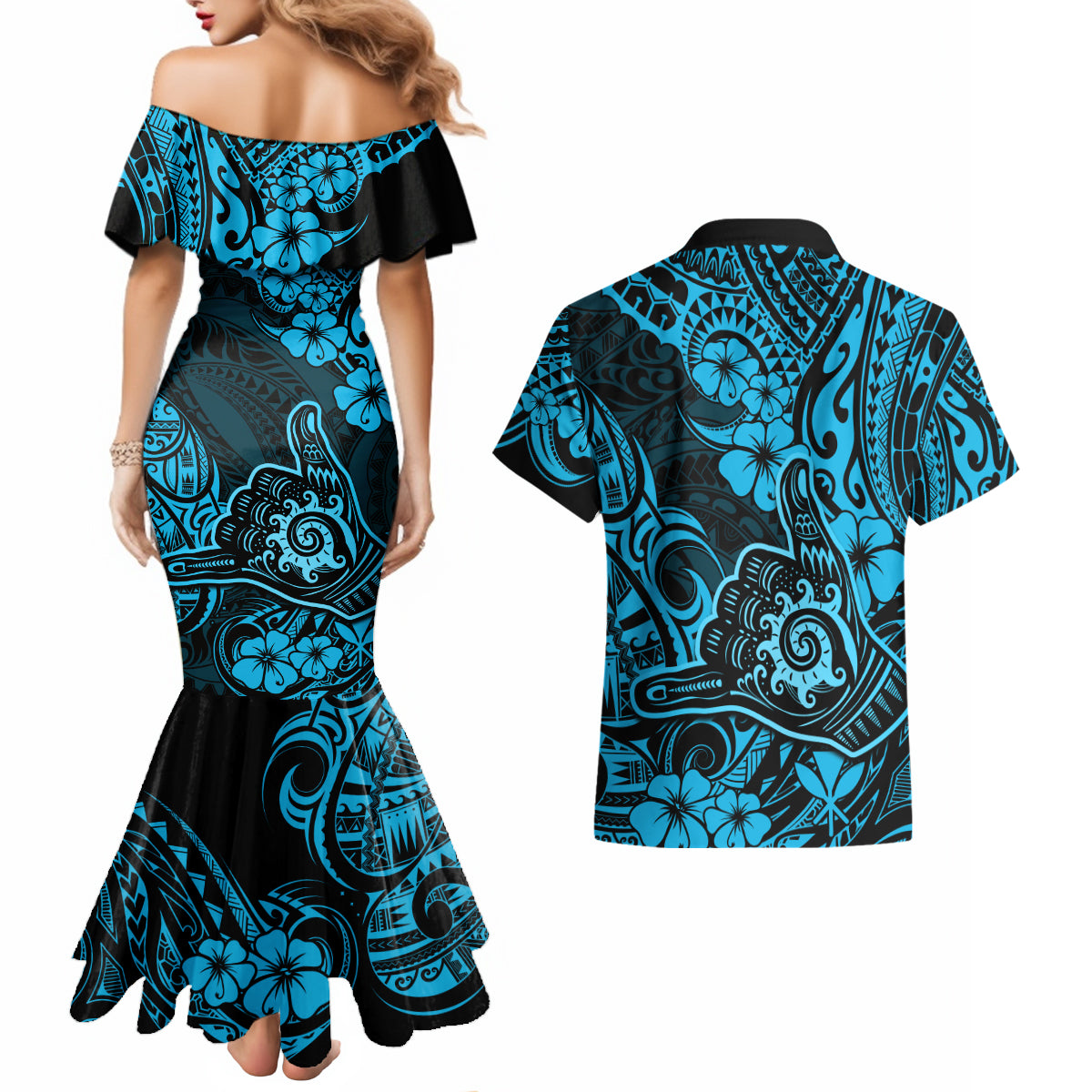 Hawaii Shaka Sign Couples Matching Mermaid Dress and Hawaiian Shirt Polynesian Pattern Sky Blue Version - Wonder Print Shop