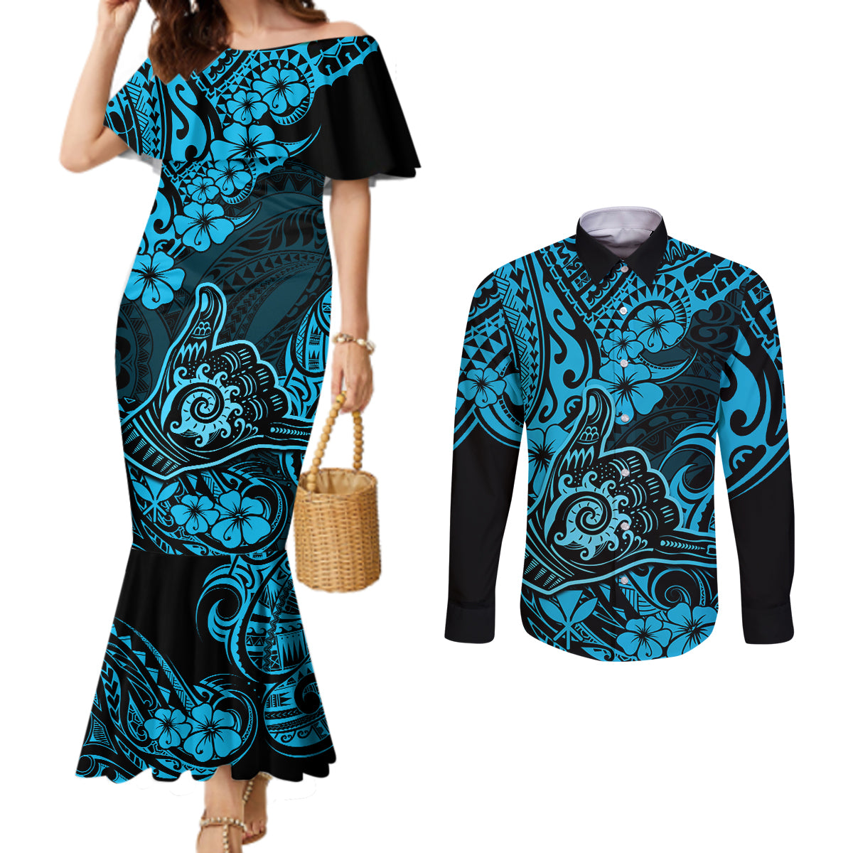 hawaii-shaka-sign-couples-matching-mermaid-dress-and-long-sleeve-button-shirts-polynesian-pattern-sky-blue-version
