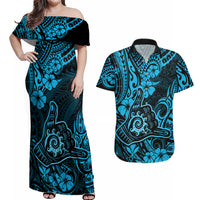 Hawaii Shaka Sign Couples Matching Off Shoulder Maxi Dress and Hawaiian Shirt Polynesian Pattern Sky Blue Version - Wonder Print Shop