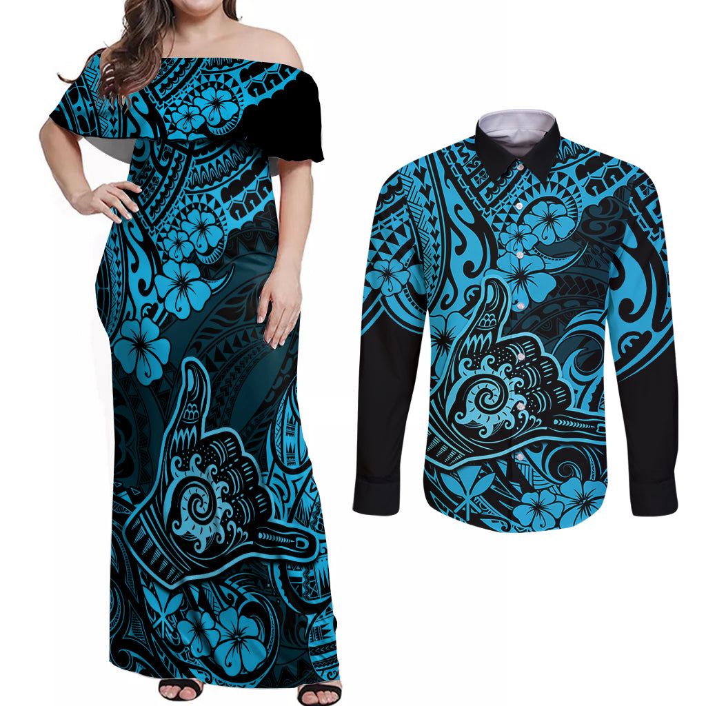 Hawaii Shaka Sign Couples Matching Off Shoulder Maxi Dress and Long Sleeve Button Shirts Polynesian Pattern Sky Blue Version - Wonder Print Shop