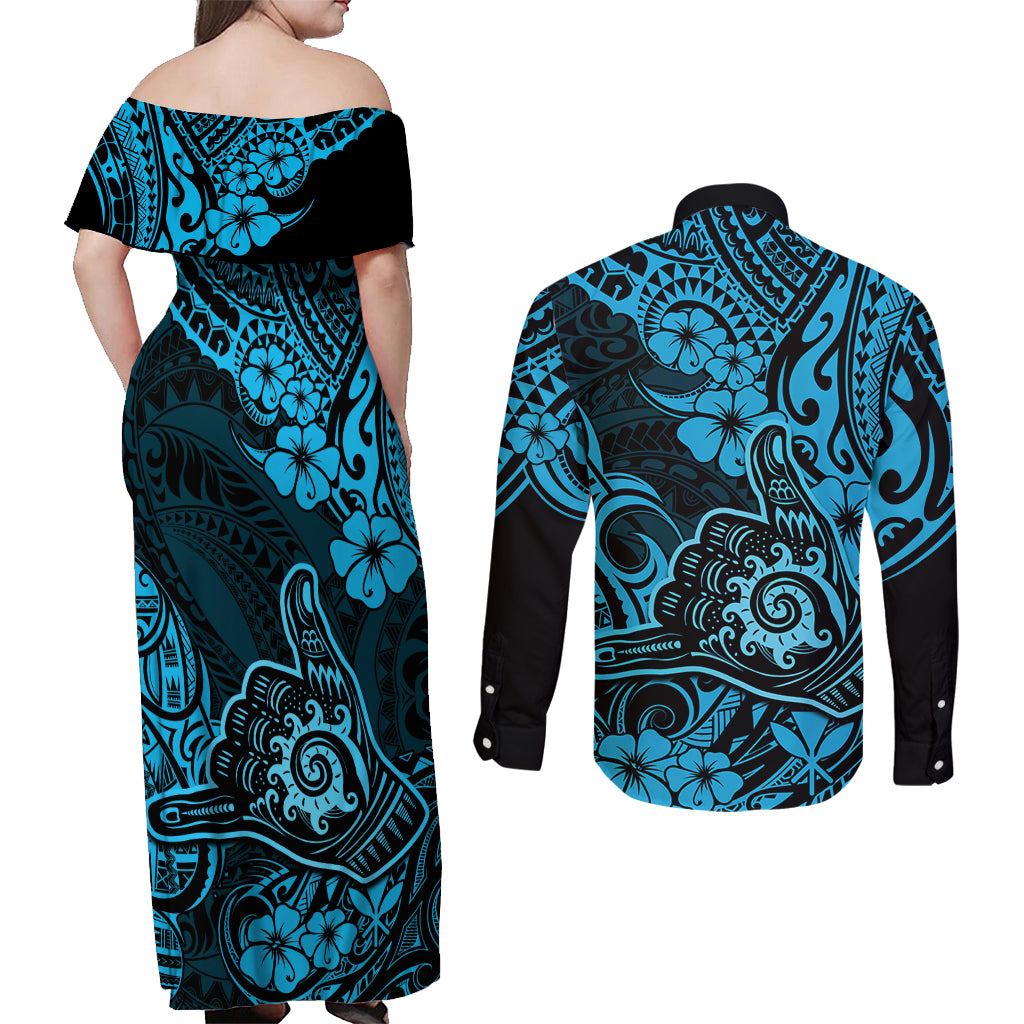 Hawaii Shaka Sign Couples Matching Off Shoulder Maxi Dress and Long Sleeve Button Shirts Polynesian Pattern Sky Blue Version - Wonder Print Shop