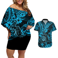 Hawaii Shaka Sign Couples Matching Off Shoulder Short Dress and Hawaiian Shirt Polynesian Pattern Sky Blue Version - Wonder Print Shop
