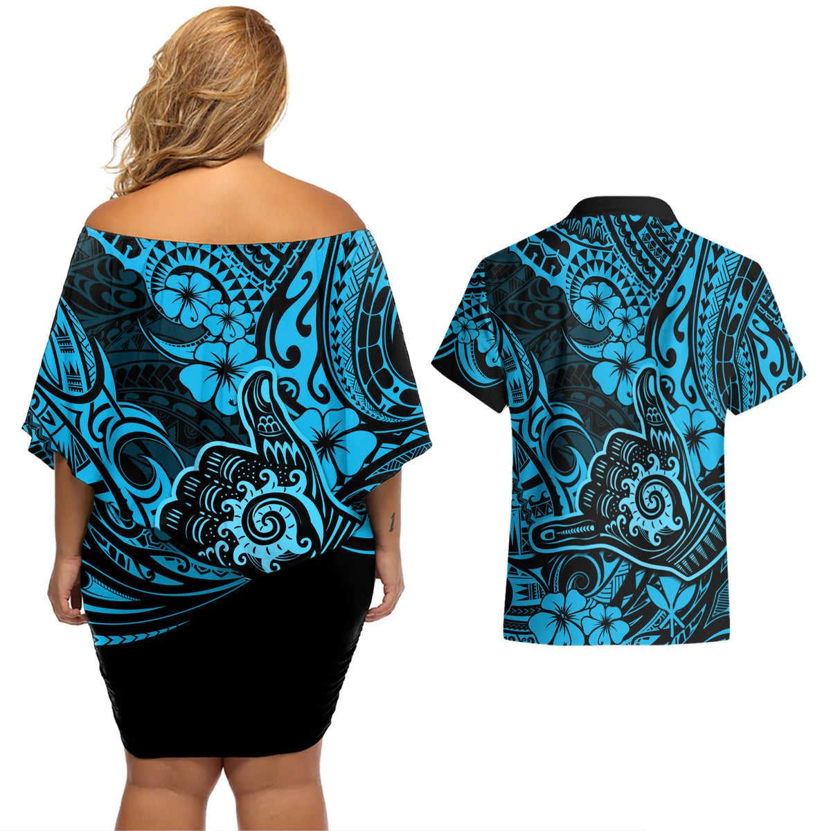 Hawaii Shaka Sign Couples Matching Off Shoulder Short Dress and Hawaiian Shirt Polynesian Pattern Sky Blue Version - Wonder Print Shop