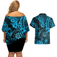 Hawaii Shaka Sign Couples Matching Off Shoulder Short Dress and Hawaiian Shirt Polynesian Pattern Sky Blue Version - Wonder Print Shop