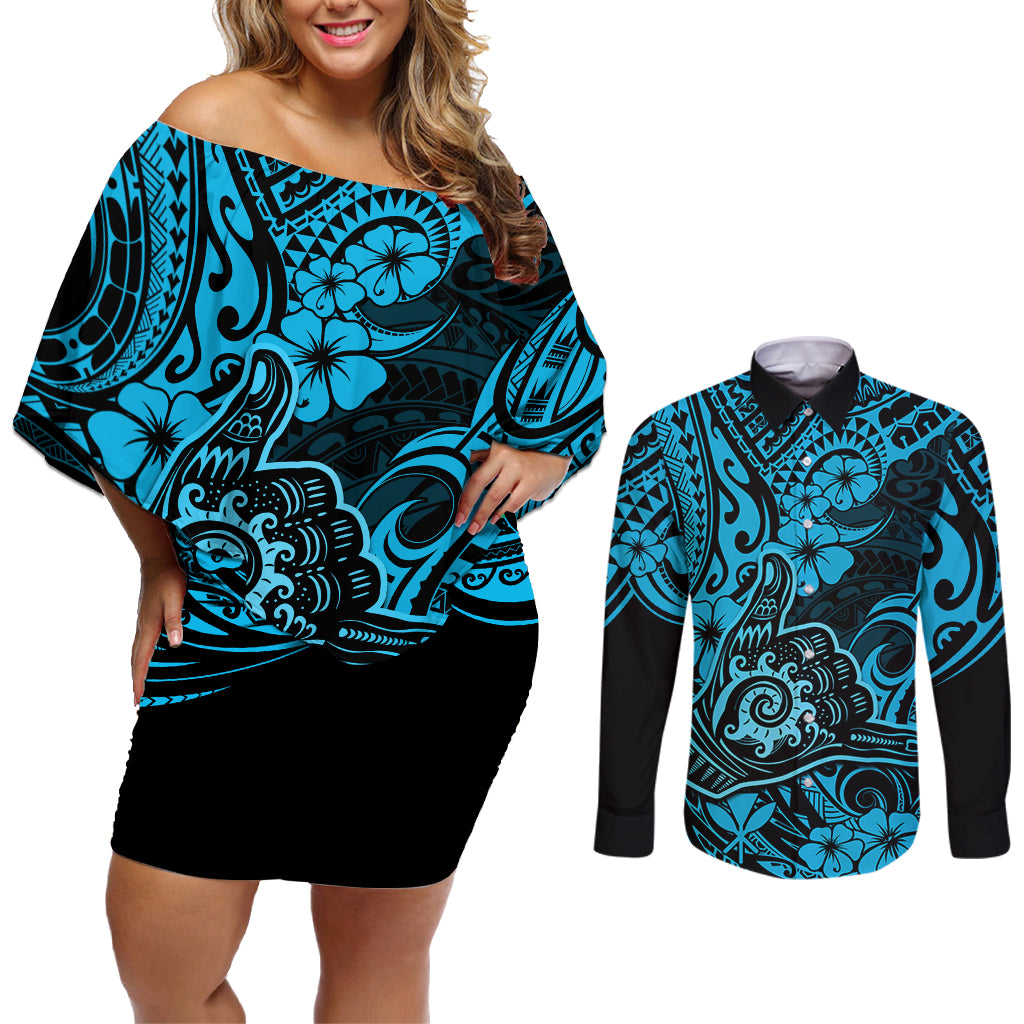 Hawaii Shaka Sign Couples Matching Off Shoulder Short Dress and Long Sleeve Button Shirts Polynesian Pattern Sky Blue Version - Wonder Print Shop