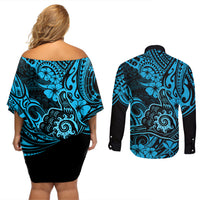 Hawaii Shaka Sign Couples Matching Off Shoulder Short Dress and Long Sleeve Button Shirts Polynesian Pattern Sky Blue Version - Wonder Print Shop