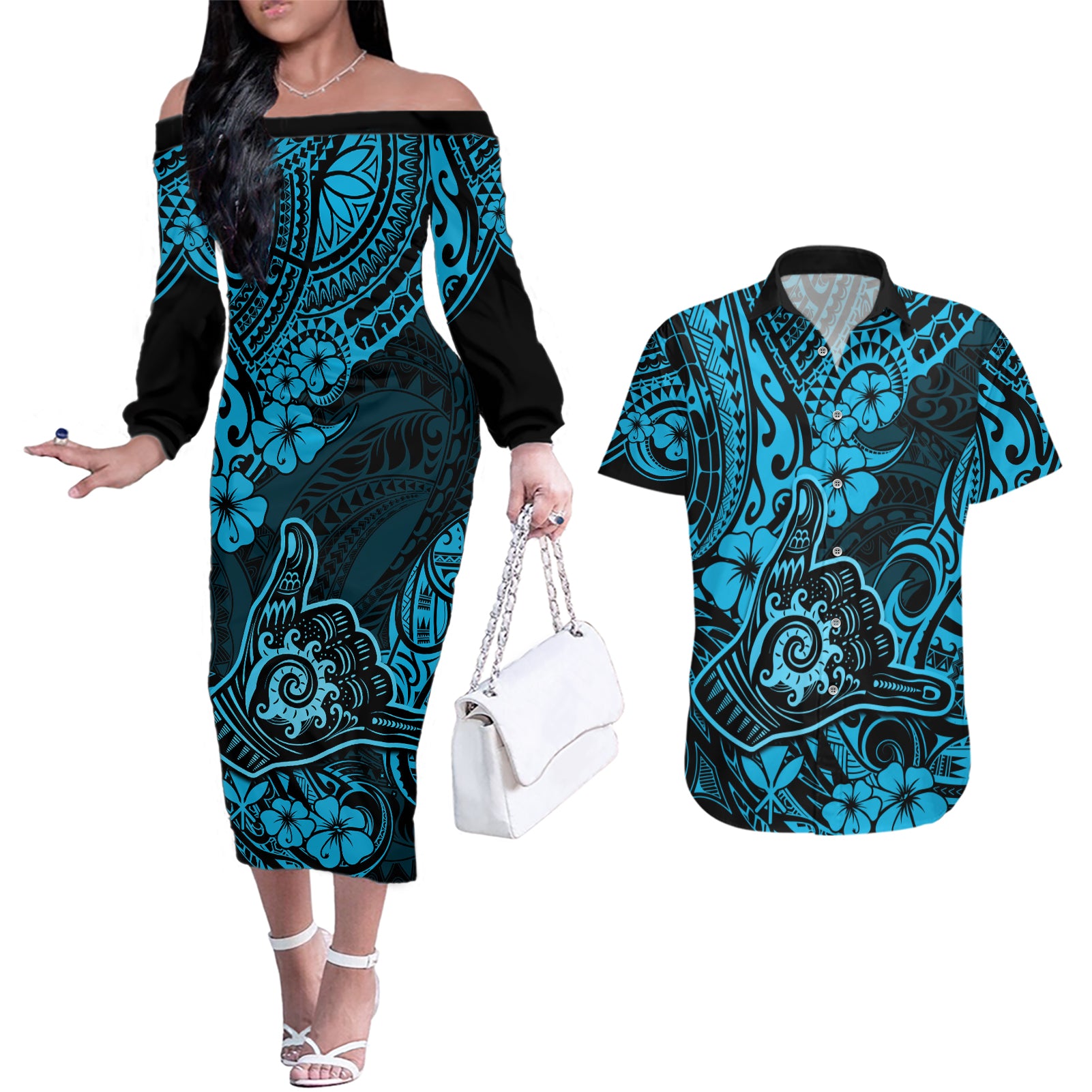 Hawaii Shaka Sign Couples Matching Off The Shoulder Long Sleeve Dress and Hawaiian Shirt Polynesian Pattern Sky Blue Version - Wonder Print Shop