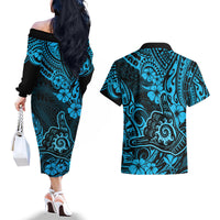Hawaii Shaka Sign Couples Matching Off The Shoulder Long Sleeve Dress and Hawaiian Shirt Polynesian Pattern Sky Blue Version - Wonder Print Shop