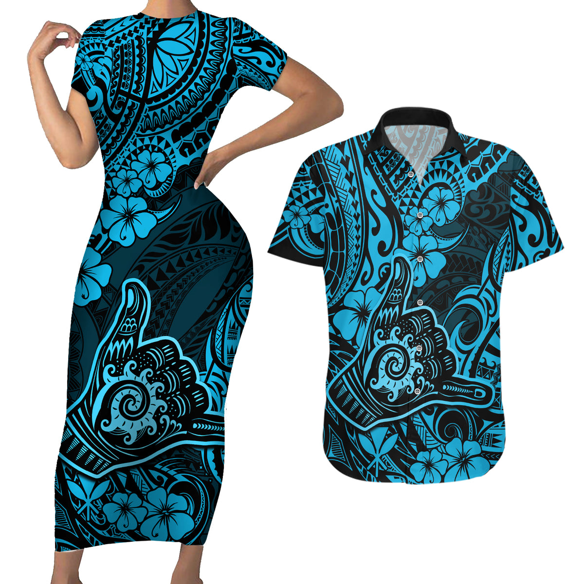 Hawaii Shaka Sign Couples Matching Short Sleeve Bodycon Dress and Hawaiian Shirt Polynesian Pattern Sky Blue Version - Wonder Print Shop