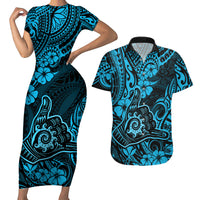 Hawaii Shaka Sign Couples Matching Short Sleeve Bodycon Dress and Hawaiian Shirt Polynesian Pattern Sky Blue Version - Wonder Print Shop