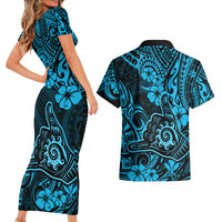 Hawaii Shaka Sign Couples Matching Short Sleeve Bodycon Dress and Hawaiian Shirt Polynesian Pattern Sky Blue Version - Wonder Print Shop