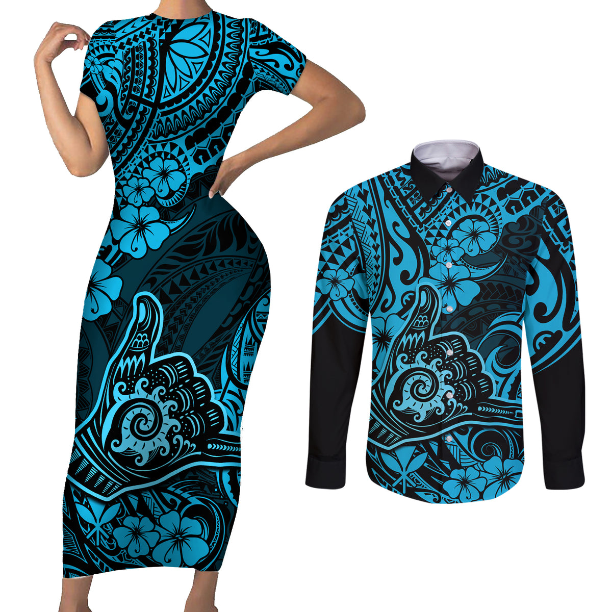 Hawaii Shaka Sign Couples Matching Short Sleeve Bodycon Dress and Long Sleeve Button Shirts Polynesian Pattern Sky Blue Version - Wonder Print Shop
