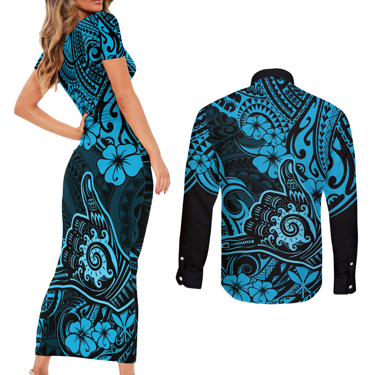 Hawaii Shaka Sign Couples Matching Short Sleeve Bodycon Dress and Long Sleeve Button Shirts Polynesian Pattern Sky Blue Version - Wonder Print Shop