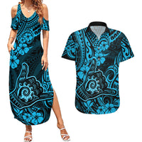 Hawaii Shaka Sign Couples Matching Summer Maxi Dress and Hawaiian Shirt Polynesian Pattern Sky Blue Version - Wonder Print Shop