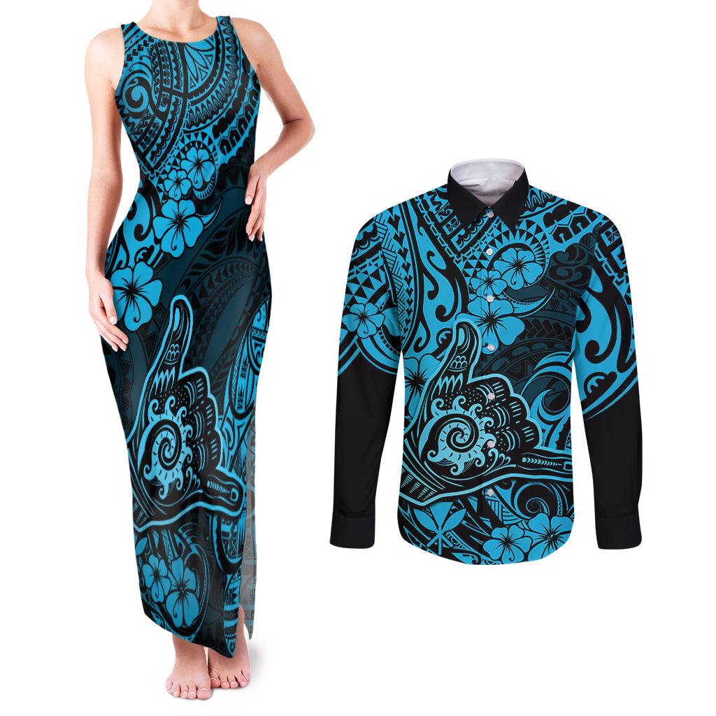 Hawaii Shaka Sign Couples Matching Tank Maxi Dress and Long Sleeve Button Shirts Polynesian Pattern Sky Blue Version - Wonder Print Shop