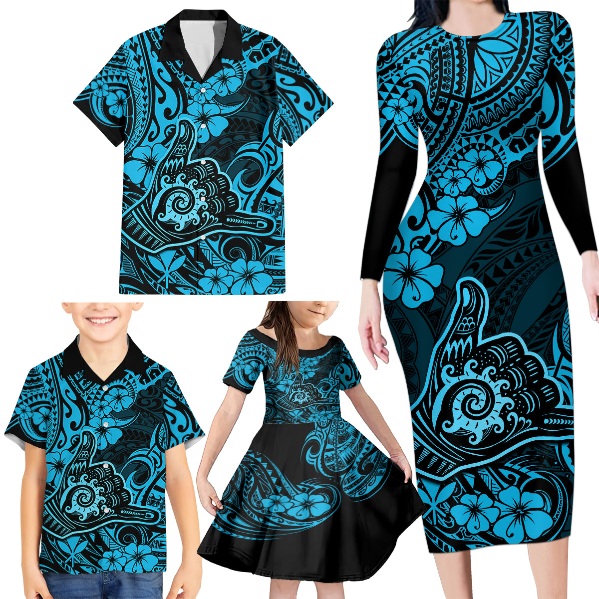 Hawaii Shaka Sign Family Matching Long Sleeve Bodycon Dress and Hawaiian Shirt Polynesian Pattern Sky Blue Version - Wonder Print Shop