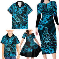 Hawaii Shaka Sign Family Matching Long Sleeve Bodycon Dress and Hawaiian Shirt Polynesian Pattern Sky Blue Version - Wonder Print Shop
