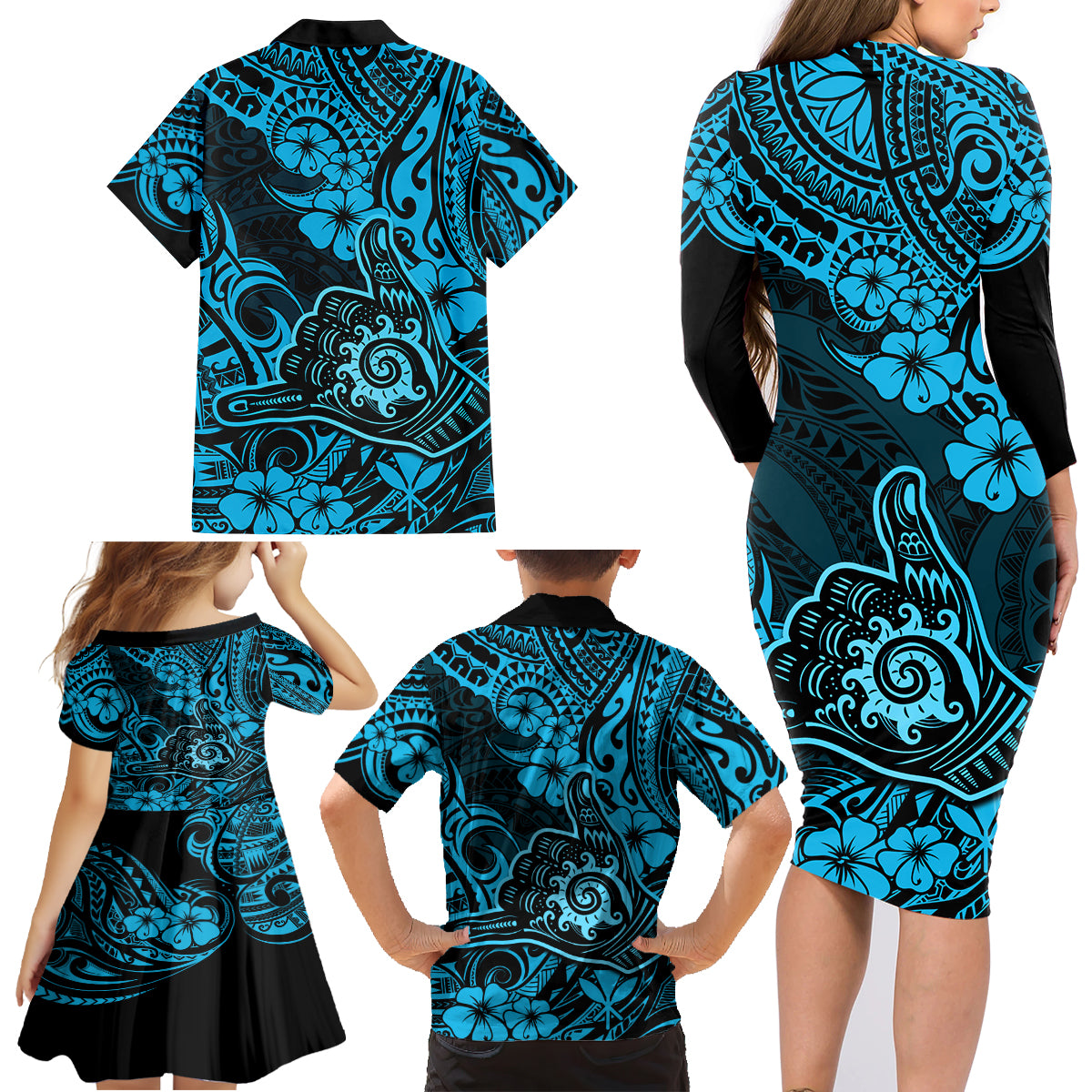 Hawaii Shaka Sign Family Matching Long Sleeve Bodycon Dress and Hawaiian Shirt Polynesian Pattern Sky Blue Version - Wonder Print Shop