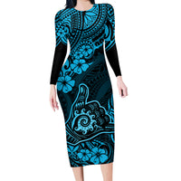 Hawaii Shaka Sign Family Matching Long Sleeve Bodycon Dress and Hawaiian Shirt Polynesian Pattern Sky Blue Version - Wonder Print Shop