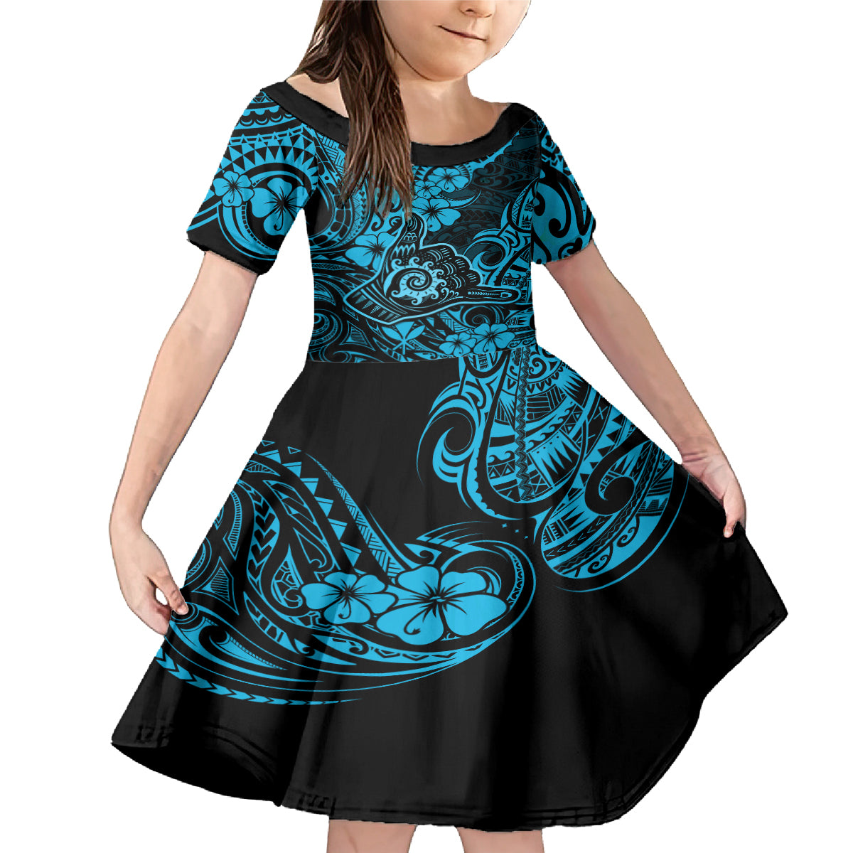 Hawaii Shaka Sign Family Matching Mermaid Dress and Hawaiian Shirt Polynesian Pattern Sky Blue Version - Wonder Print Shop