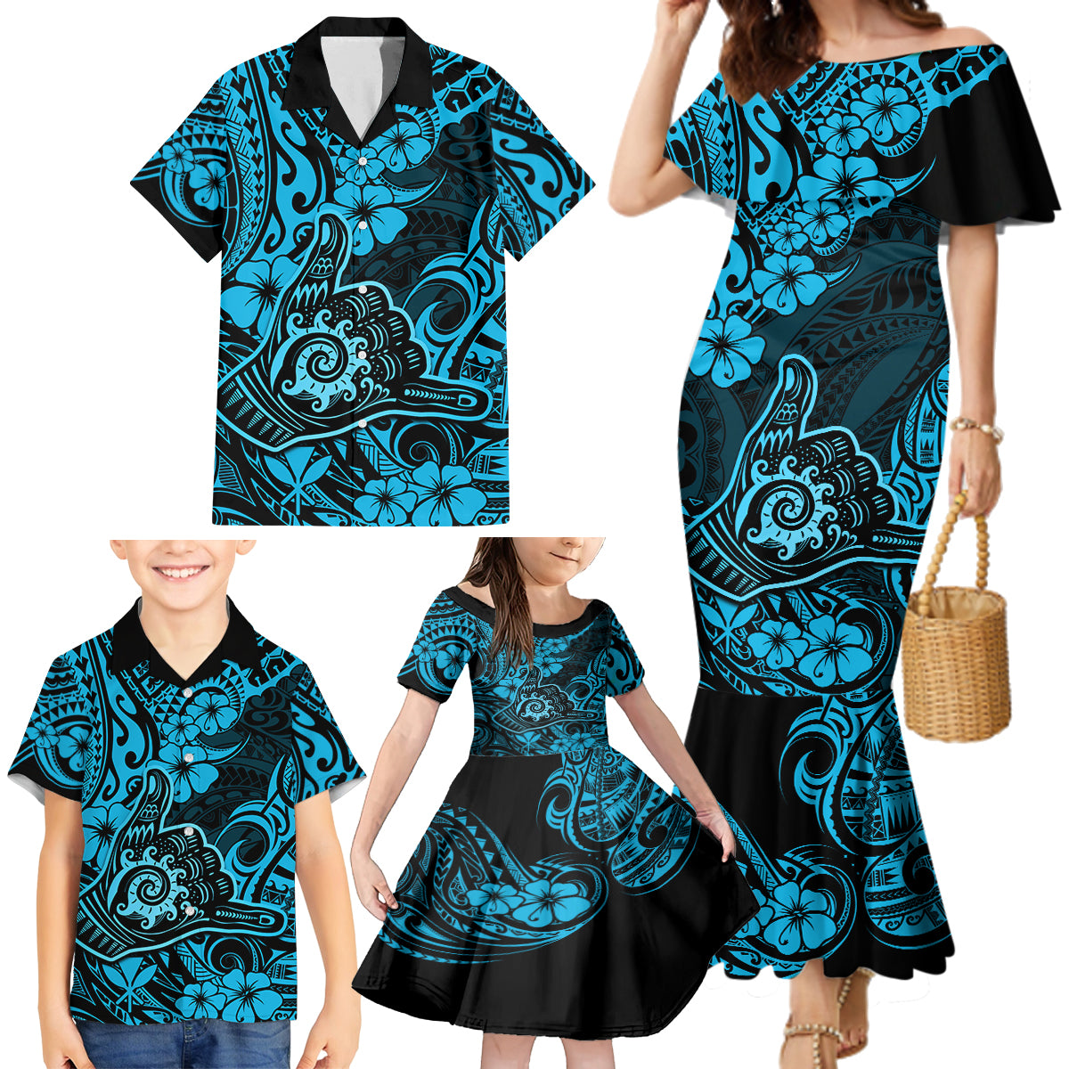 Hawaii Shaka Sign Family Matching Mermaid Dress and Hawaiian Shirt Polynesian Pattern Sky Blue Version - Wonder Print Shop