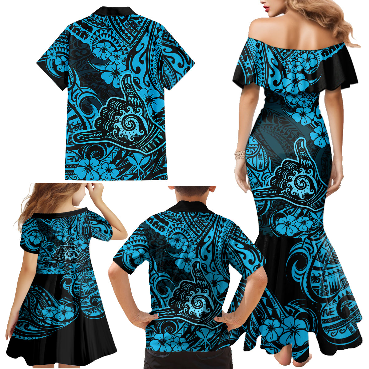 Hawaii Shaka Sign Family Matching Mermaid Dress and Hawaiian Shirt Polynesian Pattern Sky Blue Version - Wonder Print Shop