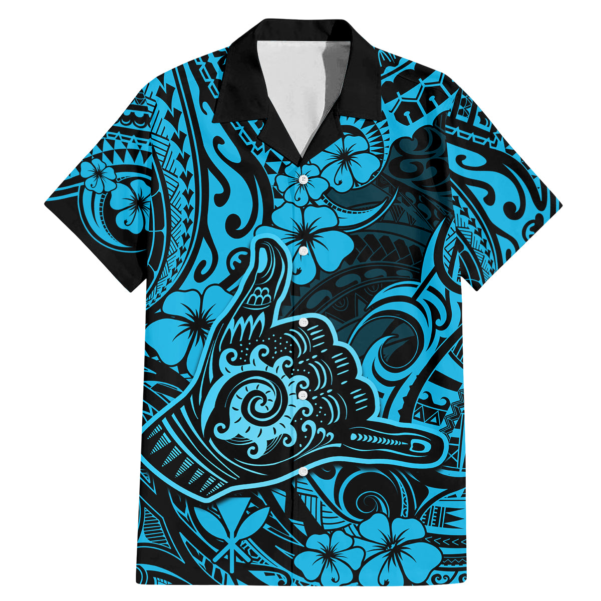 Hawaii Shaka Sign Family Matching Mermaid Dress and Hawaiian Shirt Polynesian Pattern Sky Blue Version - Wonder Print Shop