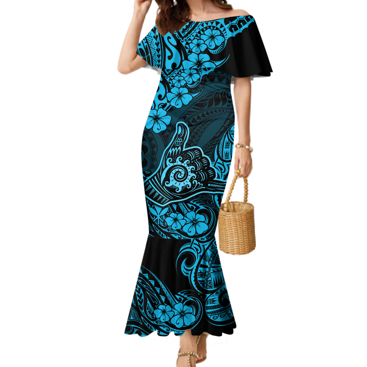 Hawaii Shaka Sign Family Matching Mermaid Dress and Hawaiian Shirt Polynesian Pattern Sky Blue Version - Wonder Print Shop
